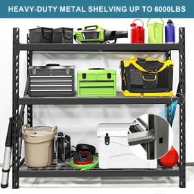 Garage Shelving Heavy Duty 72H 77 W Garage Storage Shelves 6000LBS Heavy Duty Shelving Adjustable 3 Tier Metal Shelving For Garage Storage Shelvi (Color: Black)